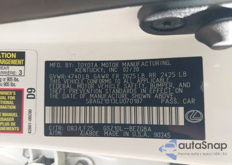 2020 Lexus Es 350 F Sport из США, поврежденный, VIN 58AGZ1B13LU070187